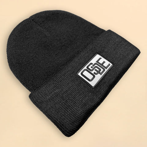 Fine Knit Beanie - Black with Embroidered Patch