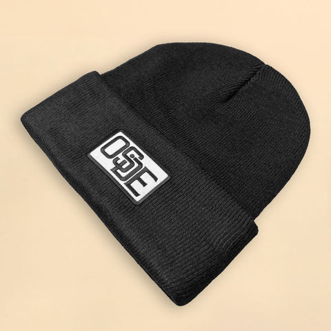Fine Knit Beanie - Black with Embroidered Patch