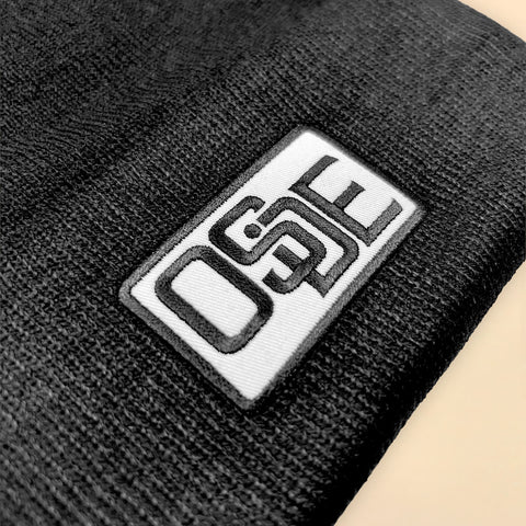 Fine Knit Beanie - Black with Embroidered Patch