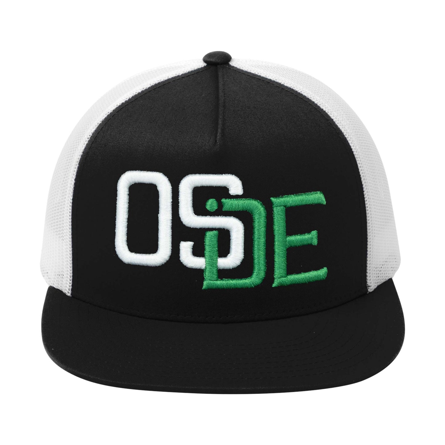 Oside SD Classic Trucker Hat - Black and White Mesh, White and Green