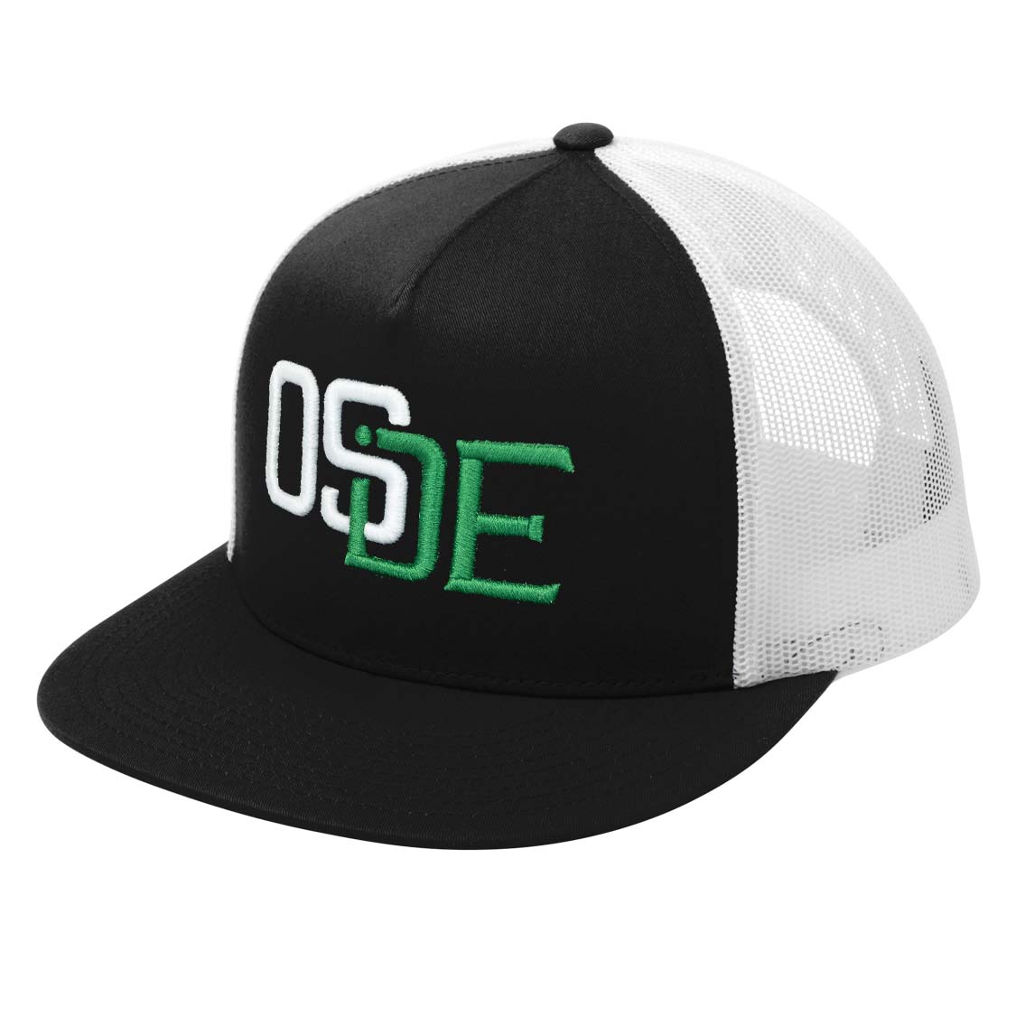 Oside SD Classic Trucker Hat - Black and White Mesh, White and Green