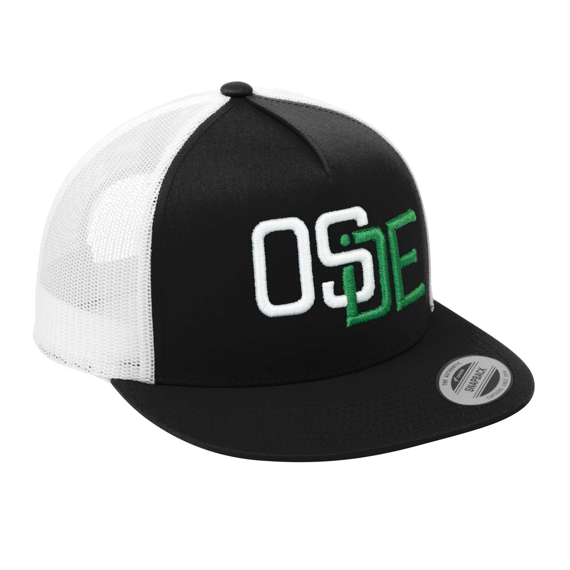 Oside SD Classic Trucker Hat - Black and White Mesh, White and Green