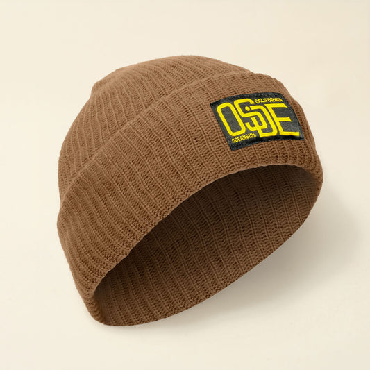 Soft Tan Beanie with Woven Patch