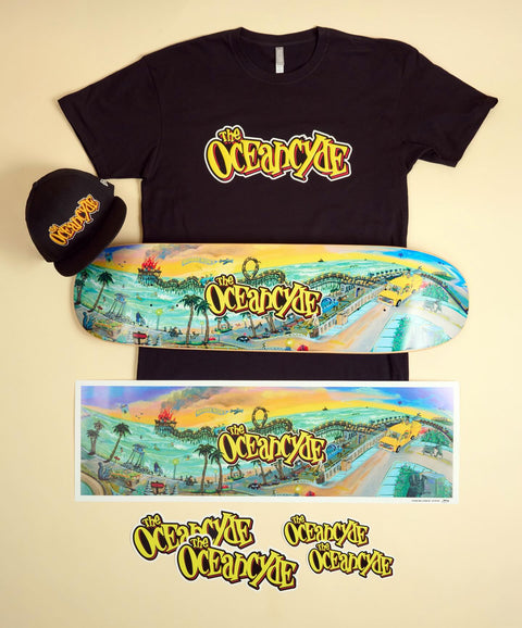Oceancyde Project Limited Drop

Wide layout of Oceancyde Project skateboard, apparel, poster, and stickers

Full Oceancyde Project package celebrating 30 years of Oceanside culture.