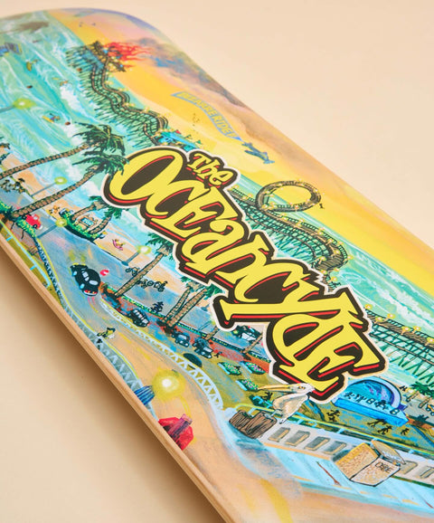 Oceancyde Skateboard Deck Detail

Angled close up of Oceancyde skateboard deck featuring Oceanside pier artwork

Canadian maple pool deck with custom artwork celebrating Oceanside landmarks.